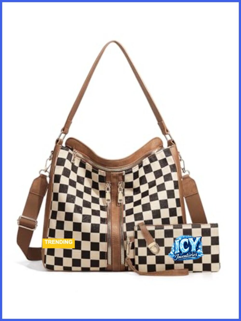 PU Leather Checkered Hobo Handbag with Adjustable Strap Crossbody Tote Women